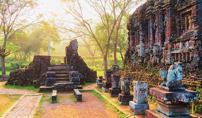 Sunrise at Ruins of Old hindu temples in My Son